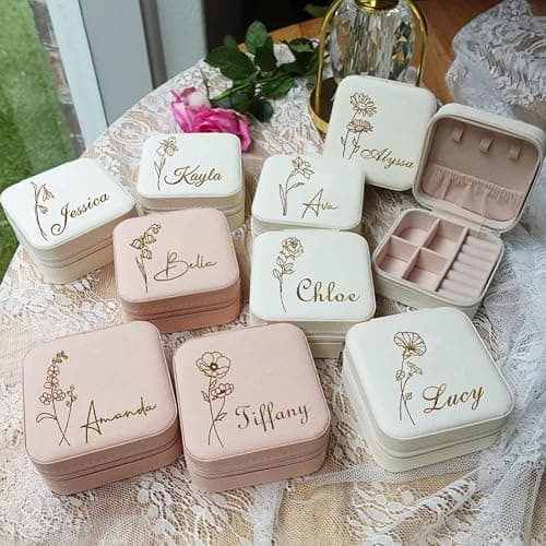 Corissy Personalized Jewelry Box for Women, Custom Travel Jewelry Case with Name and Birth Flower, Leather Jewelry Box for Rings, Earrings, Necklaces, Personalized Gifts for Women thumbnail 3