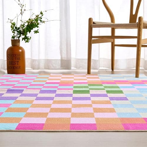 Multicolored Checkerboard Bedroom Rug Washable Ultra Thin Retro Funky Aesthetic Cute 4x6 Area Rugs for Living Room Nursery Kitchen Entryway Dorm, Pastel Colorful Checkered Geometric Carpet thumbnail 3