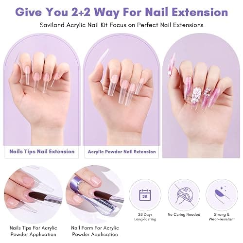 Saviland Acrylic Nail Kit - 3 Colors Acrylic Powder and Liquid Set with Acrylic Nail Brushes/Nail Drill/Top Gel/Non-Acid PH Bond/Nail Glue/Dappen Dish/Coffin Nails Tips Gel X Nail Kit for Salon DIY thumbnail 2