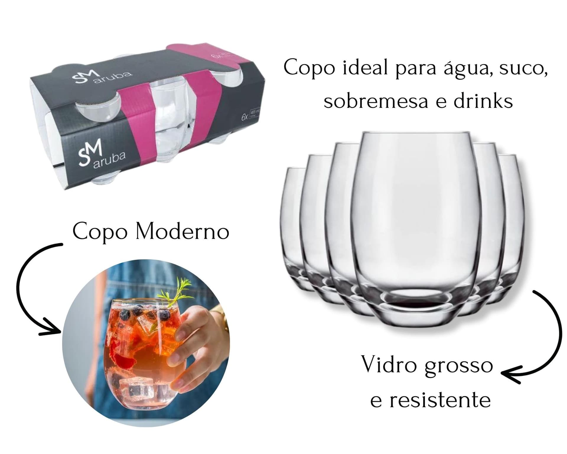 Jogo 6 Copos Luxo 465ml Em Vidro Grosso Grande Drink Agua Refri Suco Bebidas Mesa Posta Resistente Moderno Presente Casa Nova thumbnail 5