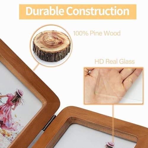 Wontree 4x4 Square Double Vertical Horizontal Hinged Foldable Combo Rounded Corner Picture Frame, Walnut-Colored Pine Wood with Real Glass, Free-Standing Desk Tabletop or Wall Hanging thumbnail 4