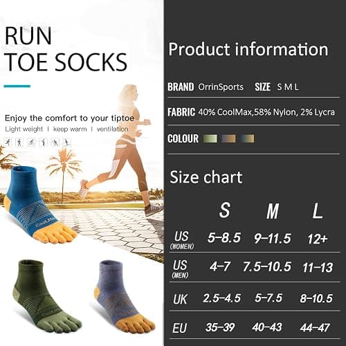 OrrinSports Toe Socks Cool-max Running Socks for Men Women 3 Pairs Athletic Breathable Five Finger Socks thumbnail 2