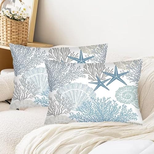 Beach Theme Throw Pillow Cover Queen Size Set of 2,Nautical Blue Coral Starfish Ocean Marine Coastal,Lumbar Pillow Case Standard Pillow Cases with Zipper Decorative Cushion Covers,20"x30",Teal Blue thumbnail 3