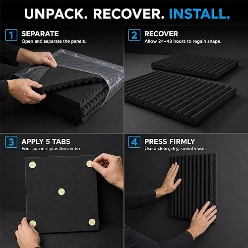 TEMGCUAM 54 Pack Acoustic Foam Wall Panels, 12 x 12 x 1 in | High-Density Sound Absorbing Panels for Studios, Gaming Rooms & Offices; Includes 270 Adhesive Pads for Easy Wall Application thumbnail 6
