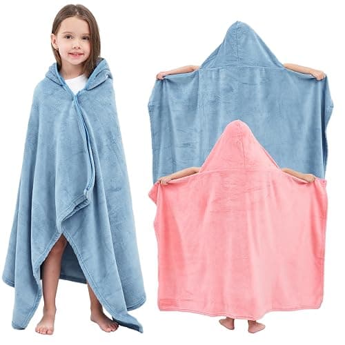 Hiturbo 2Pcs Kids Fleece Hooded Towel: Soft Plush Warm Blanket - 50"x30" Pool Beach Bath Swim Towel Wrap for 3-12 Yrs (Blue+Pink) - Image 1