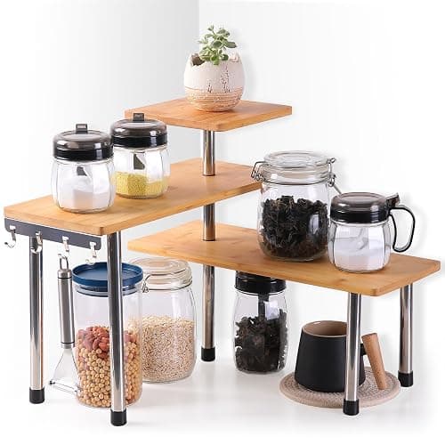 3 Tier Corner Shelf Bamboo Countertop Organizer Bookshelf Display Shelves Space Saving Rack for Living Room, Kitchen, Office (with Hooks) - Image 1
