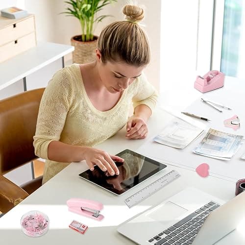 Office Desk Accessories, Pink Office Supplies Set Desk Accessories for Women, Cute Office Supplies with Stapler, Mini Stapler, Staple Remover, Tape, Clips, Scissor and Tabs, Stationary Set for Student thumbnail 2