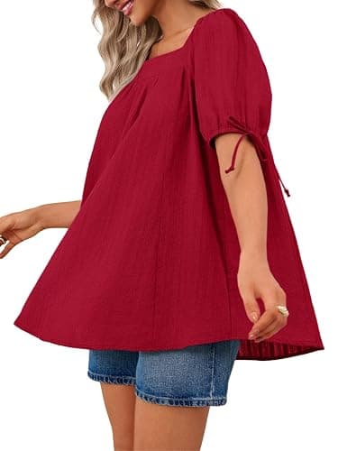 Tankaneo Womens Square Neck Babydoll Tops Summer Puff Short Sleeve Tunic Shirts Casual Loose Fit Blouse thumbnail 4