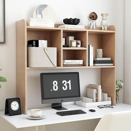 COBANA Desktop Bookshelf, Countertop Storage Hutch with 5 Shelves for Computer Desk, Desk Shelf for Top of Desk Organizer for Office Home Dorm, Wood - Wood - Image 1
