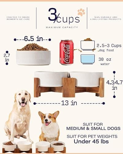 Getstar Ceramic Dog Bowls with Acacia Wood Stand, 30 fl oz, Set of 2, Dog Food Bowl, Cat Bowls (6.5 inches) (Vintage White) thumbnail 2
