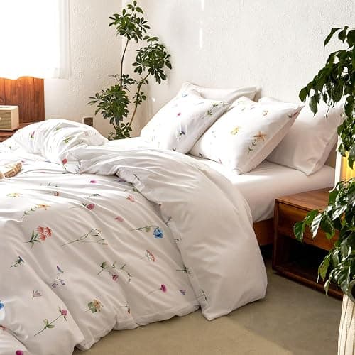 Wake In Cloud - Floral Comforter Set, Cottagecore Cute Aesthetic Watercolor Tiny Flowers and Leaves, Soft Lightweight Bedding for Women Teen Girls, 3 Pieces, White Multicolor, Queen Size thumbnail 3