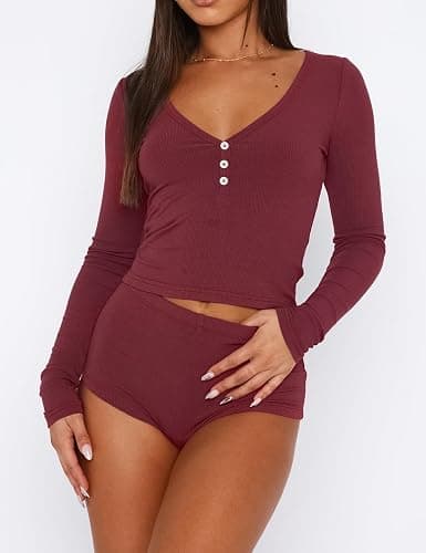 TiulZial Womens 2 Piece Y2K Pajamas Set Long Sleeve Cropped Top Button Down V Neck Slim Fitted Shorts PJs Outfits Lounge Sets thumbnail 2