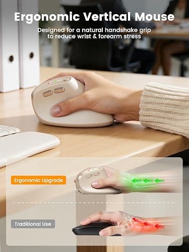 SABLUTE MAM3 Ergonomic Mouse, Rechargeable Wireless Vertical Mouse with 4 Adjustable DPI for Small/Medium Hands, Dual-Device Connectivity for Computer/PC/Laptop,Bluetooth Mouse for Window,Mac OS,Beige thumbnail 3