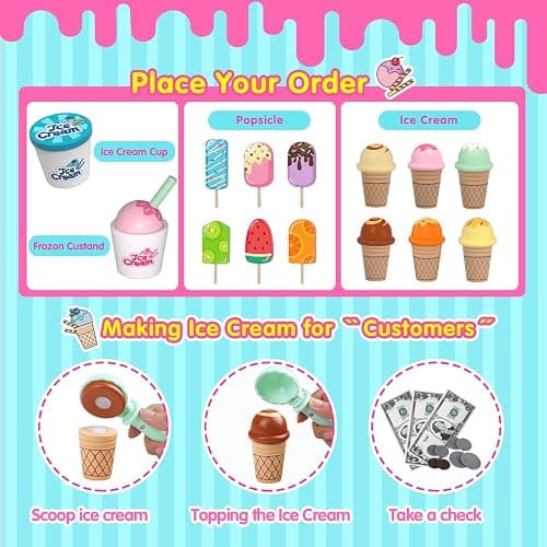 Ice Cream Toys, Wooden Ice Cream Play Set, Pretend Play Toys, 46 Pcs Wooden Play Kitchen Accessories with Menu & Scoop & Menu & Fake Money, Ice Cream Toys for Toddlers 3 4 5 6 Girls Boys Birthday thumbnail 4
