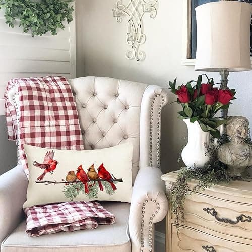 RABUSOFA Christmas Pillow Covers 12x20 Inch,Christmas Decorations Throw Pillow Covers Cardinal Birds Holiday Xmas Decor Cushion Covers for Sofa Home Couch Outdoor Winter Decor Red(18-12) thumbnail 6