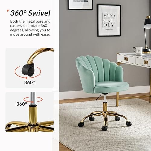 HULALA HOME Velvet Home Office Chair with Gold Base, Womans Modern Cute Shell Back Upholstered Desk Chair for Vanity, Adjustable Swivel Task Chair for Living Room, Sage thumbnail 3
