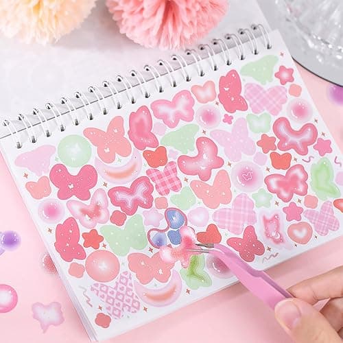 Doraking Colorful Sticker Book, 50 Sheets Shiny Love Bubble Heart Butterfly Ribbon Cute Stickers for Junk Journal Arts Craft Greeting Cards Scrapbook Supplies Home Decoration, DIY Deco Stickers (A) thumbnail 3