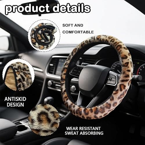Brown Leopard Print Fuzzy Steering Wheel Cover for Women, Universal Auto Steering Wheel 14-15 Inch Soft Warm Car Interior Accessories with 2PCS Car Coasters, Suitable for Men and Women thumbnail 3