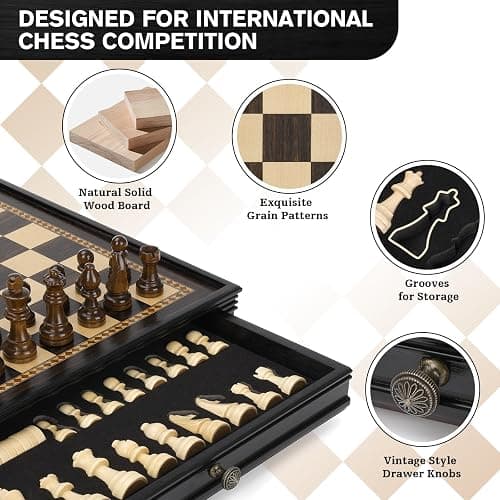 Peradix Magnetic Chess and Checkers Set with 2 Built-in Storage Drawers, Classic 2 in 1 Wooden Board Games, Magnetic Chess Pieces 2 Extra Queens, 12.8" Chess Set for Adults and Kids Gift Package thumbnail 5