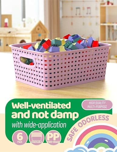 WYT 6-Pack Plastic Small Shelf Storage Weave Baskets Organizing for Cabinets and Pantries, Lavender Purple thumbnail 4