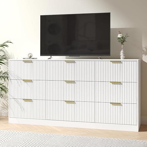 NOVAMAISON White Dresser for Bedroom with 9 Drawers, 63” Wide White Fluted Dresser Modern Chest of Drawers with Gold Handles, Wooden TV Stand Storage Organizer for Bedroom, Living Room thumbnail 3