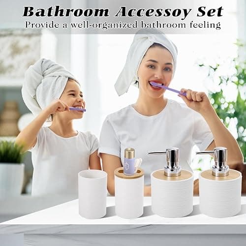 XLHOMO White Bathroom Set, White Bathroom Accessories Set with Trash Can, 2PCS Soap Dispensers, Soap Dish, Toothbrush Holder, Toothbrush Cup,Toilet Brush, Tray and Qtip Holders for Bathroom Decor thumbnail 2