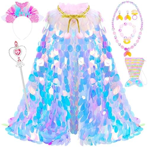 LIMIROLER Princess Dress Up Toys Princess Dress Up Clothes Rainbow Mermaid Cape Kit 9 Pcs Gift Set for Little Girls 3-8 Years - Image 1