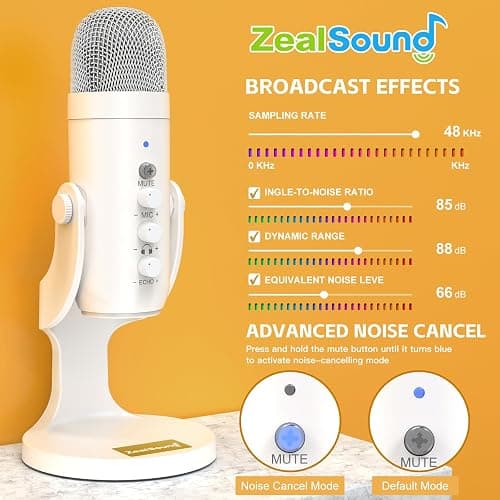 ZealSound USB Microphone,Quick Mute Noise Cancel for Phone Computer PC PS5,Gaming Microphone with Gain Control,Echo Monitor Volume Adjust for Streaming Vocal Recording ASMR Podcast Video K66 White thumbnail 3