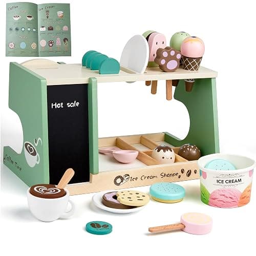 medoga Wooden Ice Cream Toy, 3-in-1 Ice Cream Counter with Coffee Maker 28 PCS Toddler Pretend Play Kitchen Accessories Wooden Toys for 3 4 5 6 Year Old Girl or Boy (Ice Cream) thumbnail 4