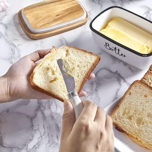 Ceramic Butter Dish with Lid and Knife for Countertop, Airtight Butter Keeper for Counter or Fridge, Butter Container with Thick Acacia Wood Lid, for Farmhouse Kitchen Decor and Accessories, White thumbnail 2
