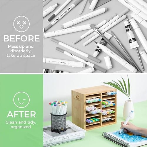 Ohuhu Bamboo Marker Organizer, Wooden Desktop Storage Hold 126 Markers, Pens, Pencils, Art Brushes Stationary Organizer Pencil Holder with 18 Compartments for Home, Classroom, Office Decor thumbnail 8