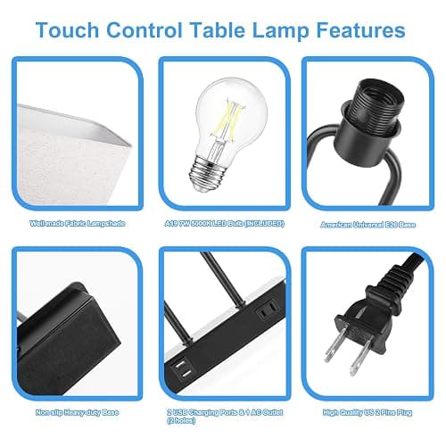 Bedside Touch Control Table Lamp with Dual USB Charging Ports 1 AC Outlet, 3 Way Dimmable Modern Nightstand Lamp with Cream Fabric Shade, Desk Lamp for Bedroom Living Room Office with 5000K LED Bulb thumbnail 5