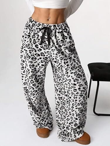 Leopard Women's Fuzzy Pajama Pants - Y2k Cheetah High Waisted Fluffy Pants (White, L) thumbnail 2