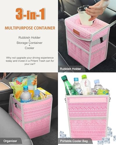 Pritent Car Trash Can with Lid, Cute Leakproof Car Trash Garbage Bag Hanging Vehicle Trash Bin Small Portable Automotive Garbage Cans Organizer for Back/Front Seat/Console(Trapezoid,Pink Print) thumbnail 5