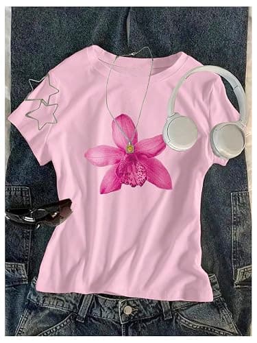 RoseSeek Floral Graphic Crop Tops for Girls Short Sleeve Slim fit Preppy Summer T Shirt Y2k Tops Trendy thumbnail 3