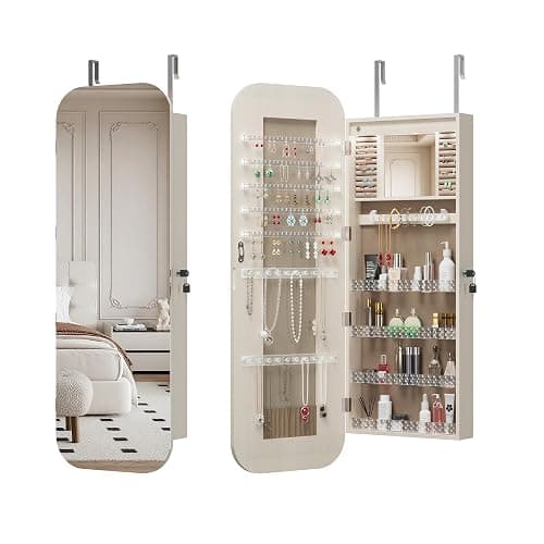 Noeko Jewelry Cabinet Wall/Door Mounted, Jewelry Armoire Organizer, 3.7 x 14.5 x 47.2 Inches Lockable Storage Cabinet, Interior Lighted Mirror, Gift Idea, White - Image 1