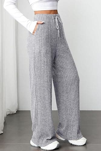 Aleumdr Womens Ribbed Wide Leg Lounge Pants with Pockets Casual Relaxed Comfy Loose Soft Knit Pajama Pants with Drawstring thumbnail 2