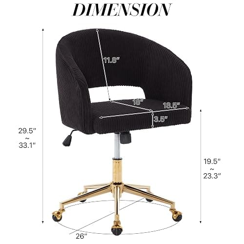 Home Office Chair Swivel Velvet Desk Chair Accent Armchair Upholstered Modern Tufted Chairs with Gold Base for Girls Women Ergonomic Study Seat Computer Task Stools for Living Room(Black) thumbnail 3