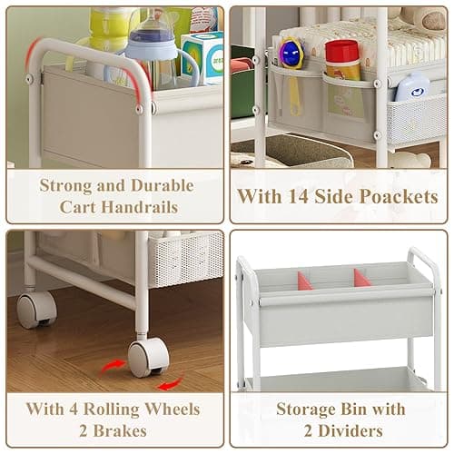 3-Tier Baby Diaper Caddy Cart Organizer,Mobile Nursery Organization with Wheels,with 2 Dividers & 14 Mesh Pockets Durable Metal Utility Cart for Nursery, Bedroom, Bathroom Essentials Organization - 17"Wx11"Dx32.45"H - White thumbnail 6