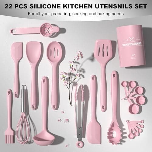 Umite Chef 22-Piece Silicone Cooking Utensils Set, Heat Resistant & Dishwasher Safe Kitchen Tools, Non-Scratch Spatula Set for Nonstick Cookware (Pink) thumbnail 5
