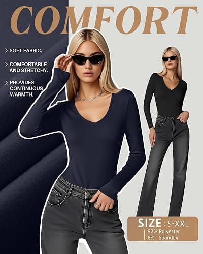 Velvelhall 4 Pack Women's Long Sleeve Thermal Shirts Fleece Lined V Neck Slim Fit Underwear Base Layer Basic Winter Warm Tops thumbnail 3