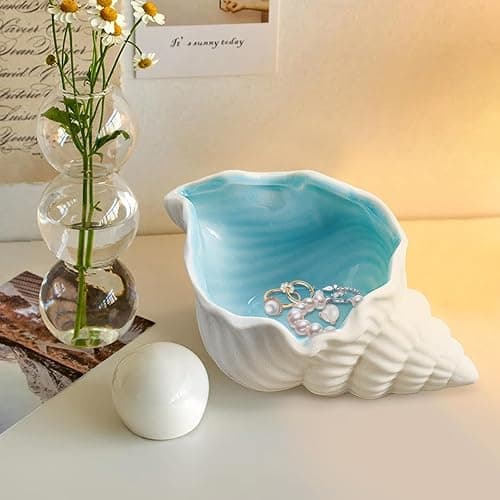 heqxwl Ceramic Jewelry Tray,Conch/Starfish/Shell Trinket Dish, Aqua Shell Trinket Dish Ceramic Ring Earring Holder Ocean-themed Decorative Trinket Plate for Rings Necklaces Bracelet Watch Keys (A) thumbnail 5