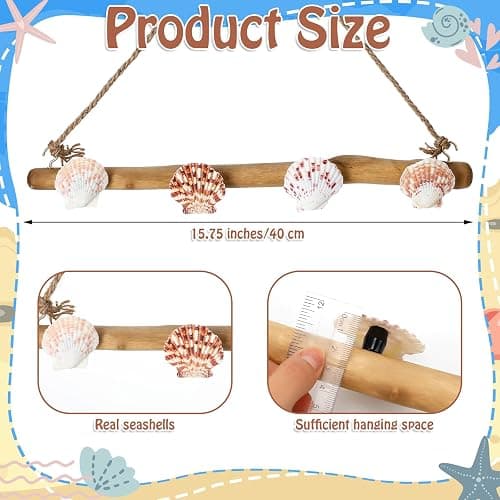 Gerrii 16 Inch Seashell Bikini Rack Driftwood Wall Mounted Hook Swimsuit Organizer Coastal Wooden Coat Rack for Summer Ocean Theme Beach Bathroom House Decor Swimming Pool(Cute) thumbnail 3