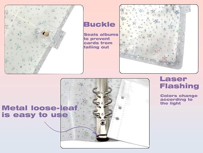 JIEADJIE Kpop Photocard Holder Book Set A5 Binder Photocard Album 6 Ring, Suit for 200 Cards 3 Inch Photo,with 50 Pcs Laser Flashing Card Sleeves,with 20 Sheets Stickers Cute Decor Stickers (Star 2) thumbnail 3