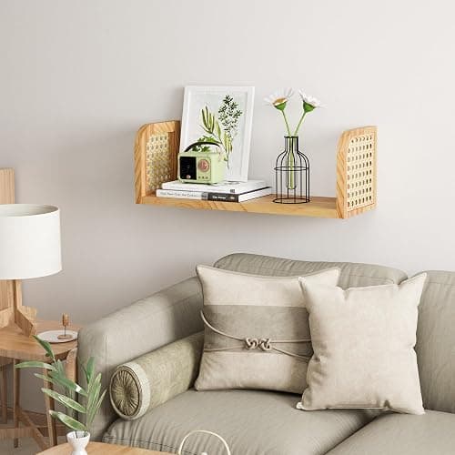 YEMNMFH Rattan Wall Shelf, Hanging Book Shelves for Wall, Decorative Shelves for Natural Nursery Decor, Picture Ledge Shelves, Floating Rattan Shelf for Office, Bedroom, Bathroom thumbnail 4
