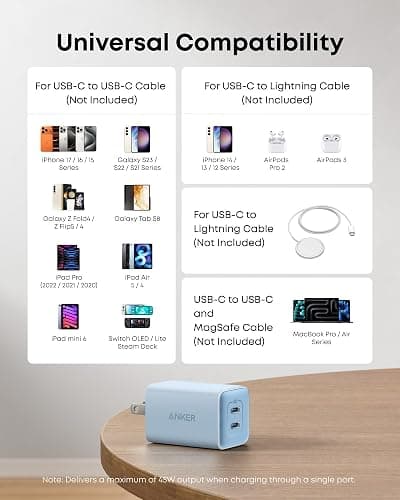 Anker Nano Charger, 47W 2 Port Compact Foldable GaN USB C Charger for iPhone 17/16, Galaxy, Pixel, Compatible with MagSafe (Blue) thumbnail 7