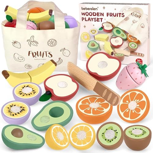 Beberolen Frutta Legno Tagliare Giocattolo, Accessori Cucina Giocattolo Legno Bambini Bambina, Set Cibo Finto Giochi Utensili Cucina Bambini, Regalo Compleanno Pasqua Halloween Natale Bambino 3+ Anni - Image 1