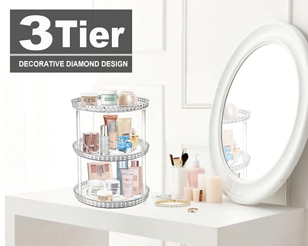 3 Tier Diamond Lazy Susan Bathroom Organizer Countertop, Clear 360 Rotating Cosmetic Makeup Organizer for Vanity, Skincare Organizers Perfume Organizer for Counter - Organization and Storage -9.25INCH thumbnail 4
