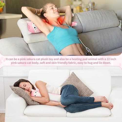 Sprinqdawin Sakura Cat Heating Pad-USB Heated Plush Stuffed Animals for Period Cramps and Menstrual Pain Relief,22” Portable Electric Kitten Heating Pads,Built-Pocket Plush Girls Birthday Gifts,Pink thumbnail 9