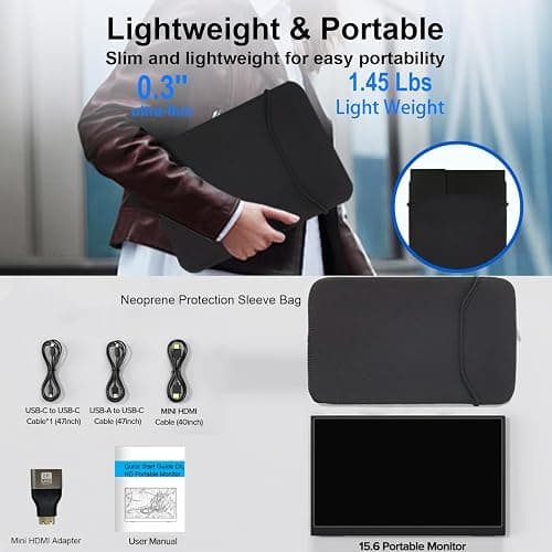 IBW 15.6" Portable Monitor Touchscreen, 1080P FHD IPS USB-C Travel Monitor | Tempered Glass, 10-Point Touch, Dual Speakers, Kickstand, HDMI, External Monitor for Laptop MacBook Phone PS5 Switch Xbox thumbnail 9